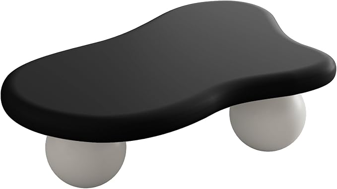 47 Inch Cloud Shaped Coffee Table with 3 Ball Legs for Living Room Black Top White Legs