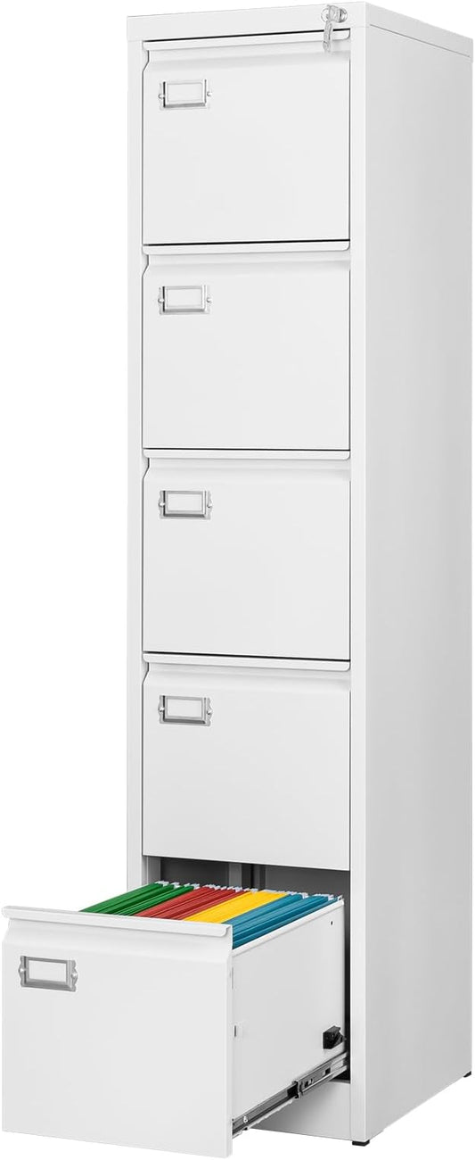 5 Drawer File Cabinet with Lock, Metal Filing Cabinets, 5-Vertical Filing Cabinet,Steel Lockable Storage Cabinets for Home Office to Organization Hanging Letter/Legal/F4/A4,White