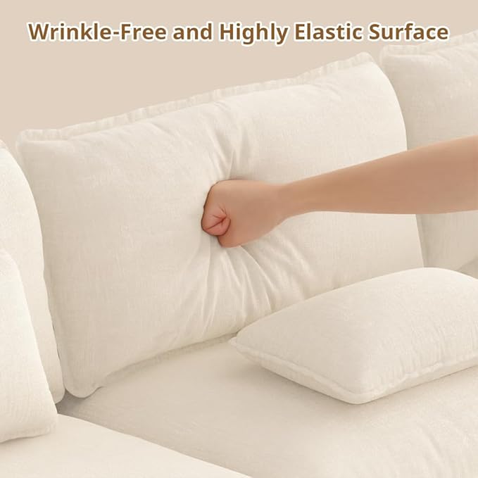 COMHOMA 86" L Shaped Sectional Sofa with Movable Ottoman,Comfy Cloud Modular Couch with Throw Pillows,Modern Chenille Deep Seat Sofa Couches for Living Room,Beige