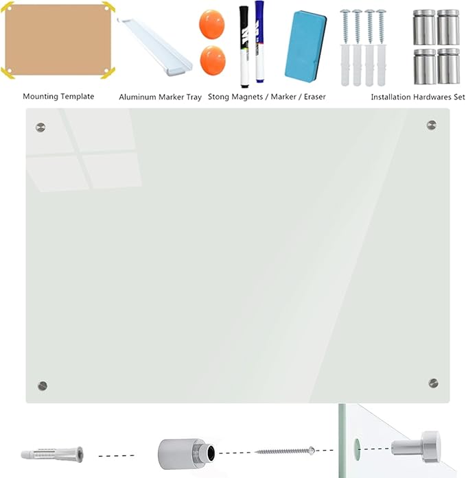 Magnetic Glass Dry Erase Whiteboard, 36 x 24 Inches Frameless Glass White Board Wall Mounted for Office Classroom and Home