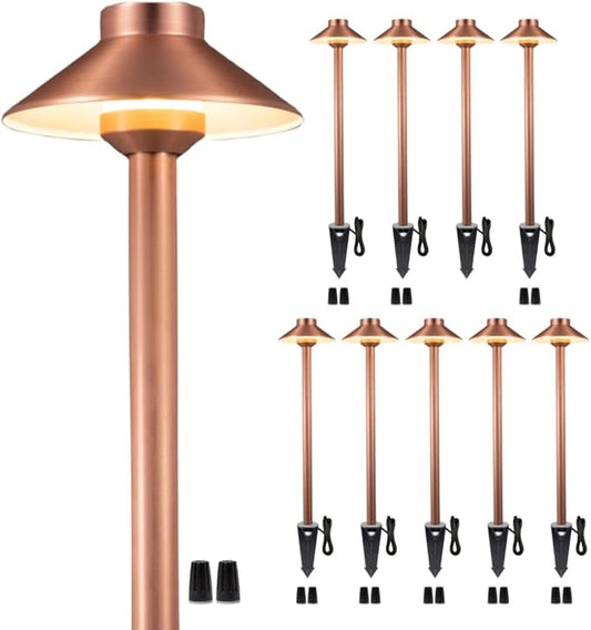 LED Copper Brass Landscape Lights(Hat) Waterproof Outdoor 12V Low Voltage Path Lights for Sideway Garden with Ground Stake Without G4 Bulb(10 Pack)