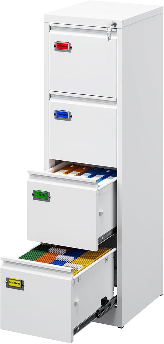 4-Drawer File Cabinet, 16.3" Deep Vertical Filing Cabinet with Lock, Metal File Cabinet for Home Office, Anti-Tip 4 Storage Drawers for Letter/Legal/A4/F4 Size (Assemble Required, White)