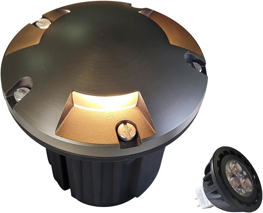 MALORY Brass Top Cover Landscape Well Lights, （5‘’H） Low Voltage Outdoor In Ground Lights, 12V Landscape Lighting for Pathway, Driveway and Garden (Three-Direction Turret, 1-Pack with Bulb)