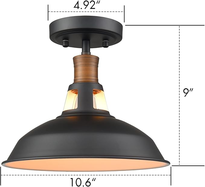 CLAXY 1-Light Semi Flush Mount Light Fixture Farmhouse Ceiling Light with Black and White Shade Dimmable