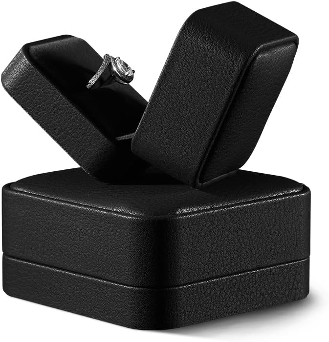 Premium Wedding Ring Boxes - Luxury Proposal Box, Black Leather Single Ring Organizer