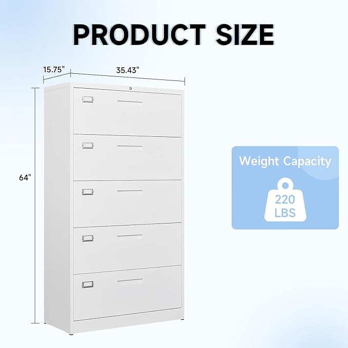 Lateral Filing Cabinet,5 Drawer File Cabinet with Lock,Office Lateral File Cabinets for Legal/Letter A4 Size,Require Assembly, White
