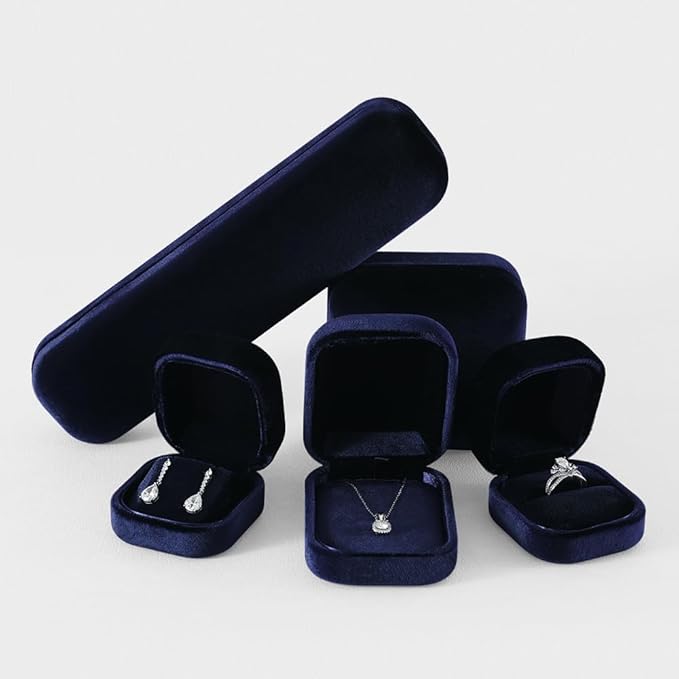 Resilient Velvet Ring Earrings Bracelet Necklace Display Box, Travel Mini Jewelry Organizer Case (Blue, Long Chain Box)