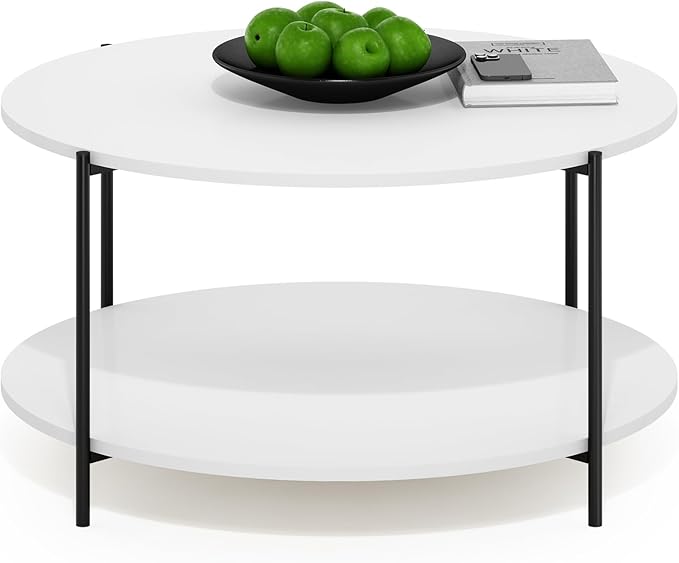 Furinno Besi 2-Tier Modern Round Coffee Table Table with Sturdy Metal Legs, White/Black