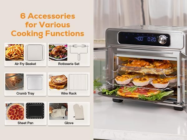 Extra Large French Door Air Fryer Toaster Oven Combo, 24 Cooking Functions and Digital Controls, 6 Accessories Included, Stainless Steel Finish, 26QT Capacity, Fits 12" Pizza, Rotisserie 6lb Chicken