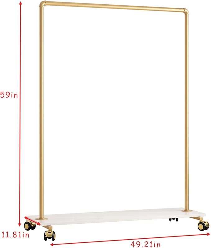 Gold Metal Clothing Rack with Wood Shelf, Heavy Duty Rolling Garment Rack with Wheels for Bedroom Retail Boutique Use (49.21L inches)