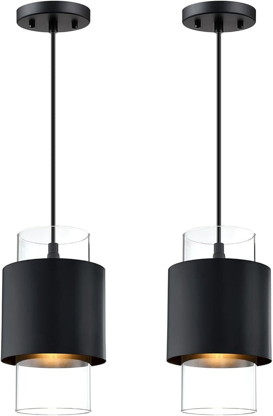 1 Light Hanging Indoor Kitchen Island Pendant Light 6" Drum Glass Shade Pendant Ceiling Light Fixtures Modern Farmhouse Dinning Over Sink (Black Finish, 2 Pack)