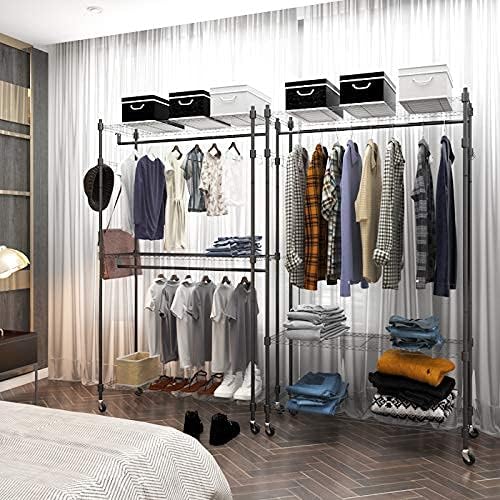 Heavy Duty Clothes Rack, Adjustable Rolling Garment Rack with Shelves, Freestanding Wardrobe Rack 1 Clothes Hanging Bar, 3 tired Wire Shelving, 4 Hanger Hooks - Hold Up to 400Lbs (Black, 1Rod 4Hook)
