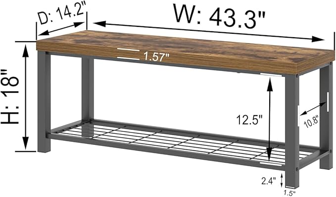 EXCEFUR Entryway Bench, Modern Wood and Metal Storage Bench for Hallway Front Door Entrance, Industrial Indoor Shoe Rack Bench Seat for Living Room Bedroom, 43.3 Inch Rustic Brown
