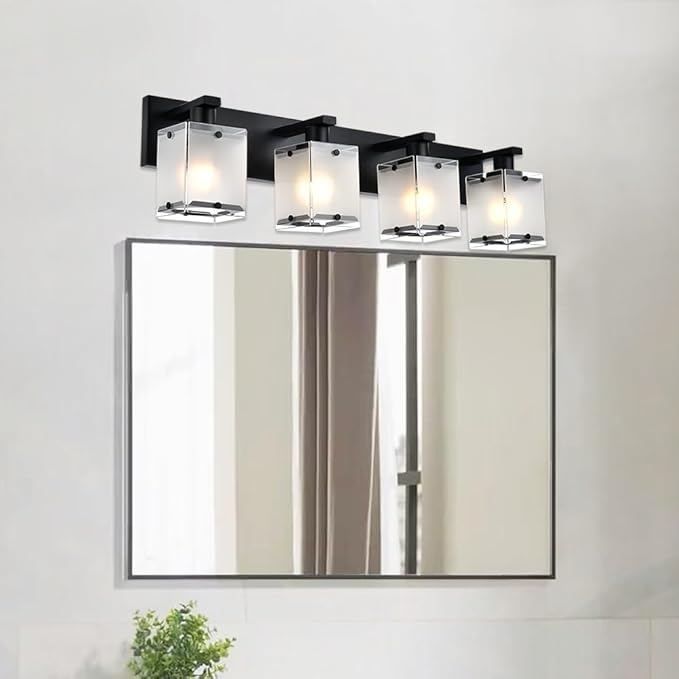 4-Lights Bathroom Vanity Lighting Over Mirror, Black Bathroom Wall Light Fixtures with Frosted Rectangular Glass Shade for Bath Living Room, E26 Bulb Base