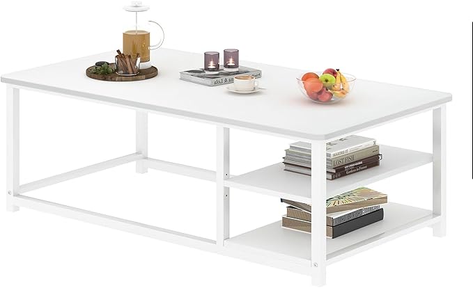 EXCEFUR White Coffee Table, Modern Rustic Wood Center Table with Storage for Living Room, Industrial Rectangle Cocktail Tea Table, 47 Inch