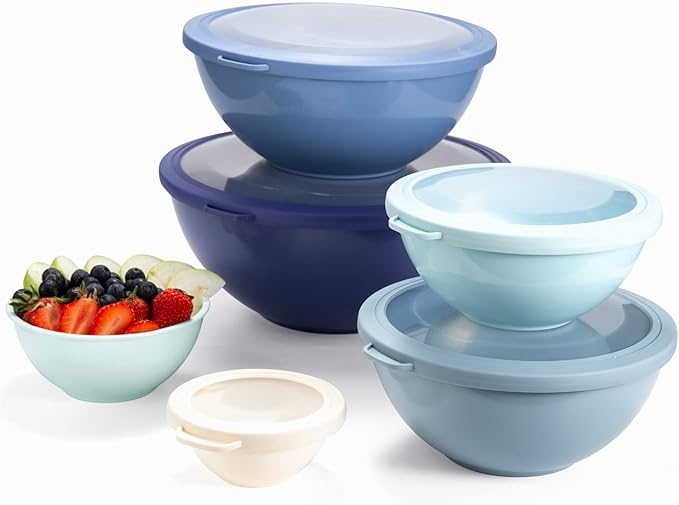 COOK WITH COLOR Mixing Bowls with TPR Lids - 12 Piece Plastic Nesting Bowls Set includes 6 Prep Bowls and 6 Lids, Microwave Safe (Blue)