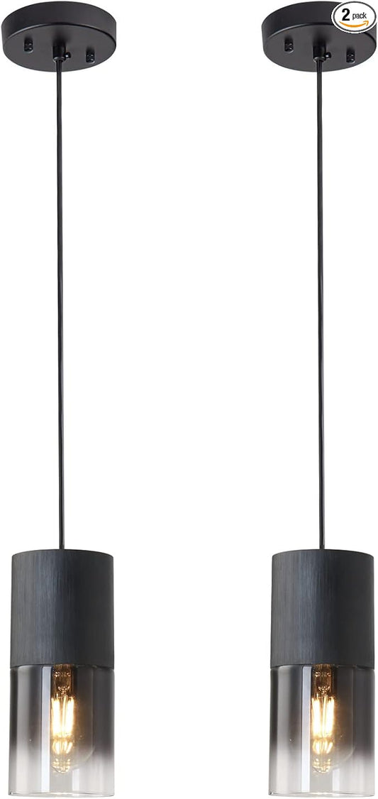 2-Pack Black Pendant Light Fixtures, Adjustable Modern Pendant Lights for Kitchen Island, Industrial Glass Pendant Lights for Dining Table Hallway Bedroom Living Room