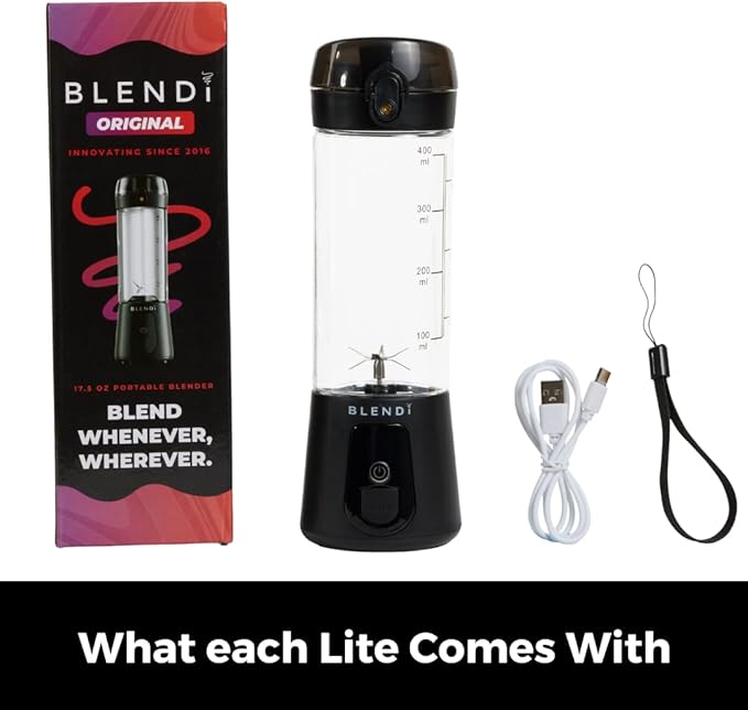 BLENDi Lite Portable Blender (17oz) – USB Rechargeable, Powerful 70W Motor for Smoothies, Protein Shakes & More – Compact, Travel-Friendly & BPA-Free (Black)