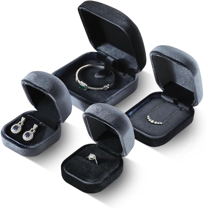 Resilient Velvet Ring Earrings Bracelet Necklace Display Box, Travel Mini Jewelry Organizer Case (Gray, Ring Box)