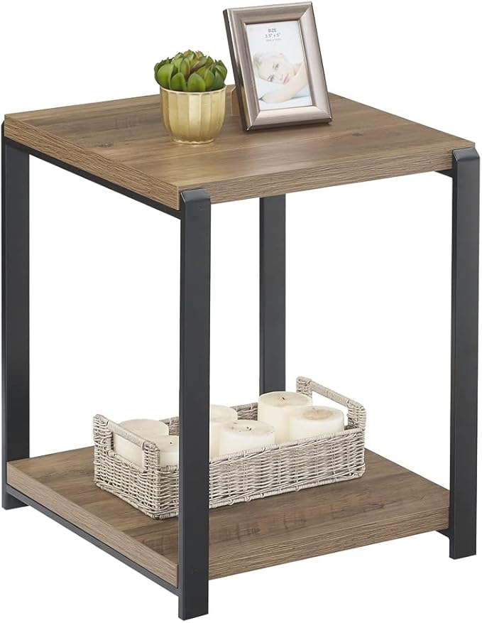 FOLUBAN Industrial End Table, Square Side Table with Storage Shelf for Living Room, Wood and Metal Nightstand, Oak