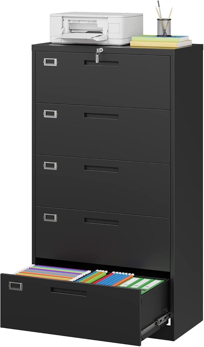 Lateral Filing Cabinet,5 Drawer File Cabinet with Lock,Office Lateral File Cabinets for Legal/Letter A4 Size,Require Assembly, Black