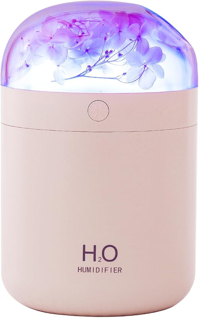 Portable Small Hydrangea Humidifiers for Bedroom Baby, Mini Cool Mist Plant Humidifier for Plants, Quiet Desktop Humidifier with 2 Working Modes & Colorful Night Light for Travel, Office, Bedroom