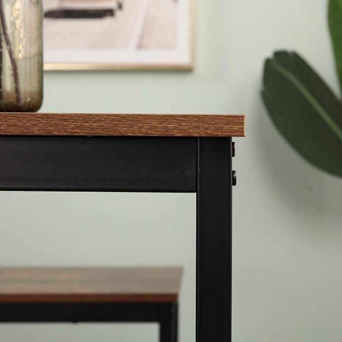 soges 3 PCS Dining Table Set for 4 with 2 Benches, Soho Dining Table and Chairs Set, Industrial Kitchen Table and Chairs Kitchen Breakfast Table Set, Dining Set with Metal Frame, Brown