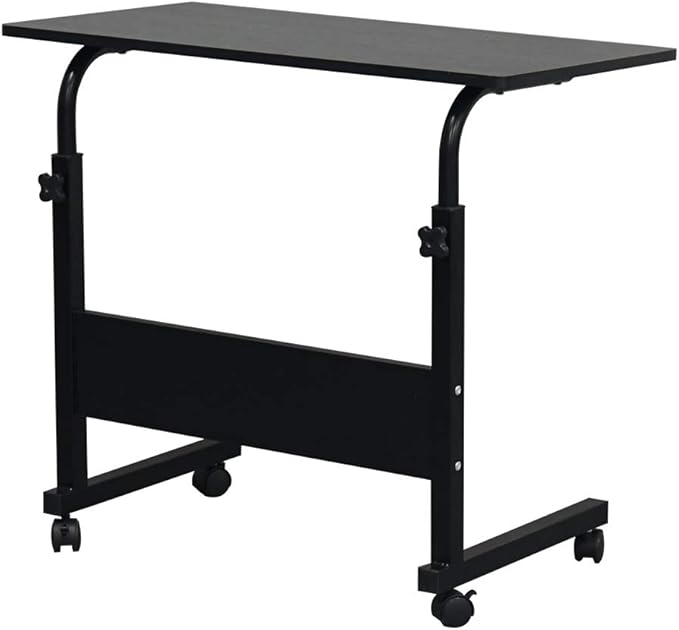 Goujxcy Sofa Side Table C Shaped End Table with Wheels, Rolling Bedside Laptop Table Snack Table TV Tray, Height Adjustable, Wooden Top & Metal Frame