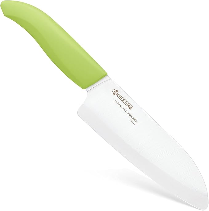 Kyocera’s Revolution Series 5.5” Ceramic Santoku Knife, Chef Knife For Your Cooking Needs, Green Handle, White Blade