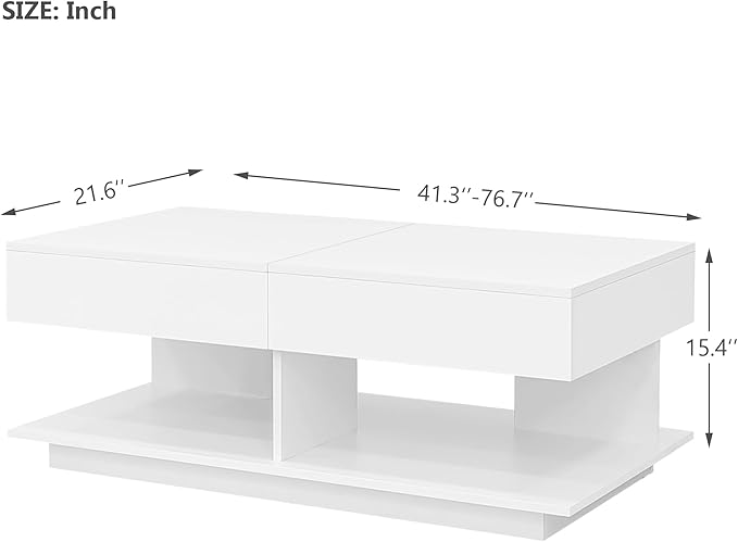 Modern High Gloss LED Coffee Table Center Table with Hidden Storage Space, Extending Top & LED Light for Living Room, White
