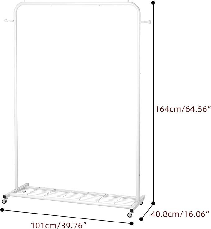 Sywhitta Clothing Rack on Wheels with Mesh Storage Shelf & Sturdy Metal Frame, Rolling Garment Rack for Hanging Clothes, Coats, Skirts, 39.76" L x 16" W x 64.56" H,White