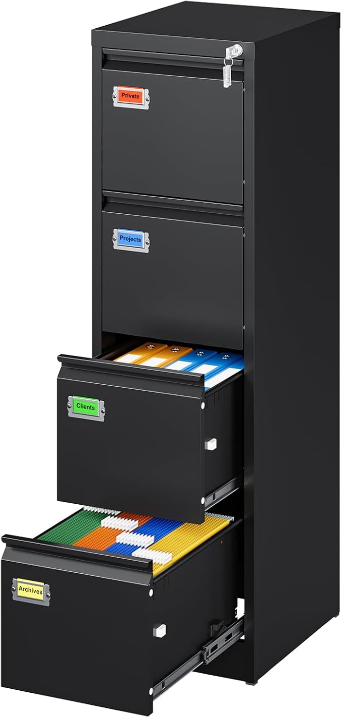4 Drawer File Cabinet, Vertical Filing Cabinets with Lock, Metal File Cabinets for Home Office, Anti-Tip 4 Storage Drawers for Letter/Legal/A4/F4 Size (Assemble Required, Black)