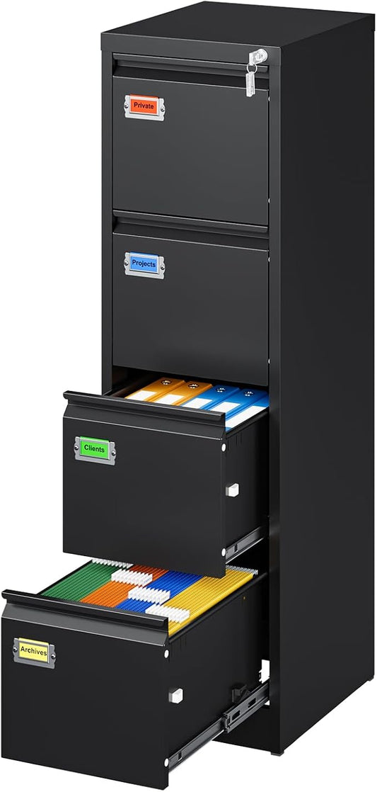 4 Drawer File Cabinet, Vertical Filing Cabinets with Lock, Metal File Cabinets for Home Office, Anti-Tip 4 Storage Drawers for Letter/Legal/A4/F4 Size (Assemble Required, Black)