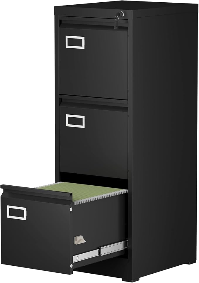 3 Drawer File Cabinet with Lock, Vertical Metal File Cabinets,Black Filing Cabinets for Home Office Fit Letter/A4/Legal Size File, Assembly Required