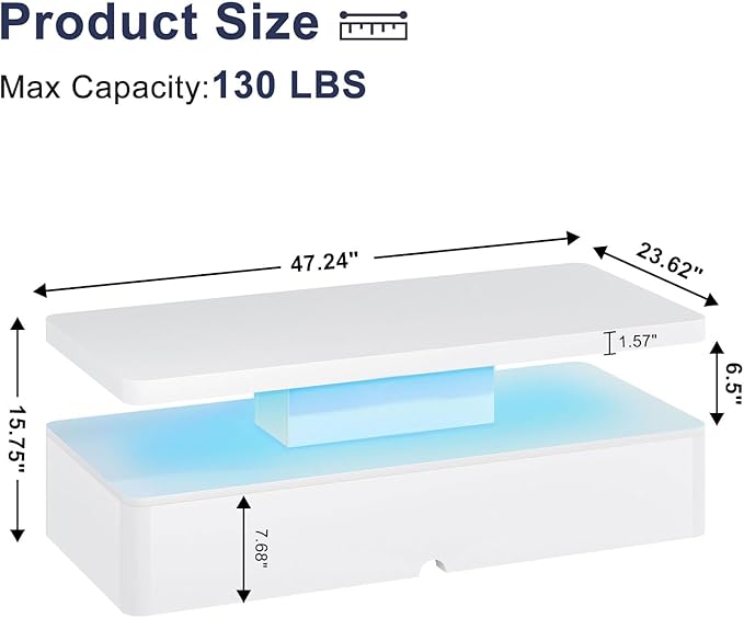 MXV Modern Coffee Table, 47 Inches Coffee Tables with 16 Colors LED Lights, 2 Tier Rectangular Center Table, Large Storage Space, High Glossy Wooden Tea Table for Living Room, Bedroom, Office, White