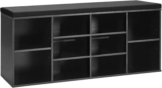 Giantex Shoe Storage Bench with Cushion, Entryway Shoe Rack Bench, Adjustable Shelves, 10-Cubbies Organizer Bench for Entryway, Living Room, Bedroom, Hallway, Closet, Mudroom (Black)
