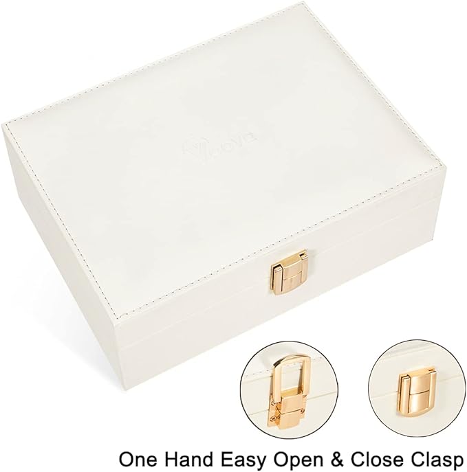 Voova Jewelry Box Organizer for Women Girls, 2 Layer Large Men Jewelry Storage Case, PU Leather Display Jewellery Holder with Removable Tray for Necklace Earrings Rings Bracelets, Vintage Gift, White