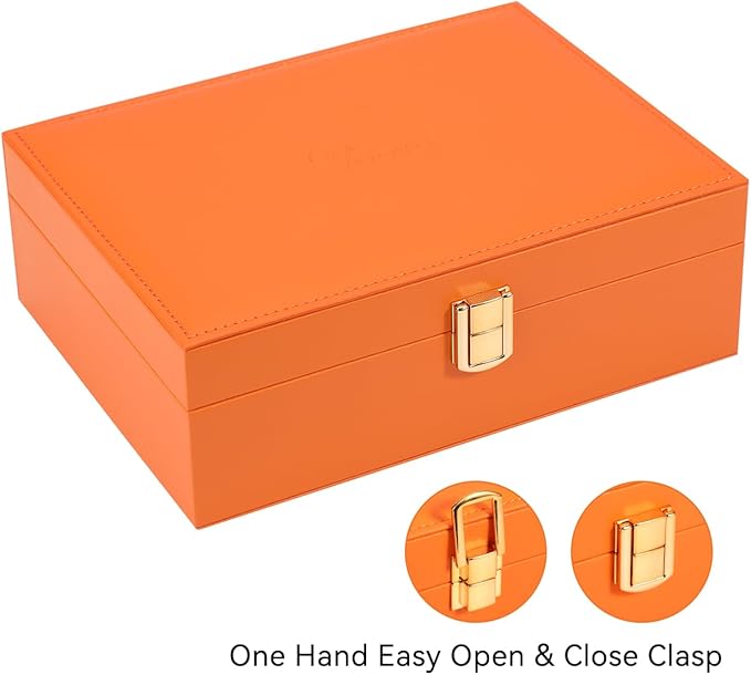 Voova Jewelry Box Organizer for Women Girls, 2 Layer Large Men Jewelry Storage Case, PU Leather Display Jewellery Holder with Removable Tray for Necklace Earrings Rings Bracelets, Vintage Gift,Orange