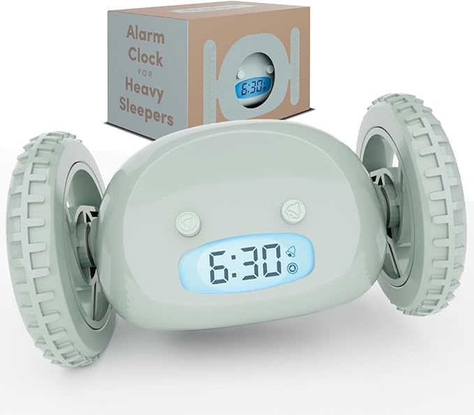 CLOCKY Extra Loud Alarm Clock for Heavy Sleepers on Wheels Rolls Runs Away Vibrating, Easy to Set Super Smart Snooze Digital Bed Shaker Alarm Clock Funny Gift for Adults Kids Teens Bedrooms (Sage)