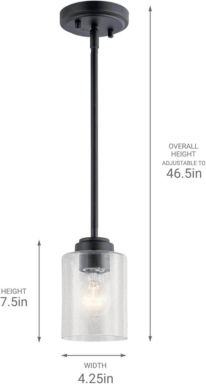 Kichler Winslow 7.5" 1-Light Mini Pendant Light with Clear Seeded Glass in Black for Kitchen, Bar, Laundry Sink, Bar Island (7.5" x 4.25"), 44032BK