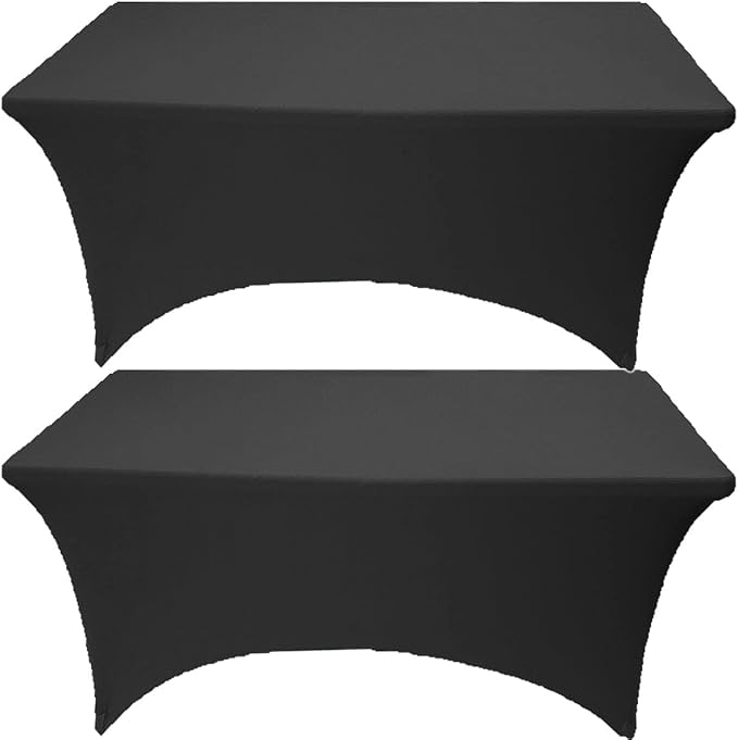 2 Pack 8FT Black Spandex Tablecloth Stretch Fitted Table Cover for Rectangular Table Event, Wedding, Banquet and Parties