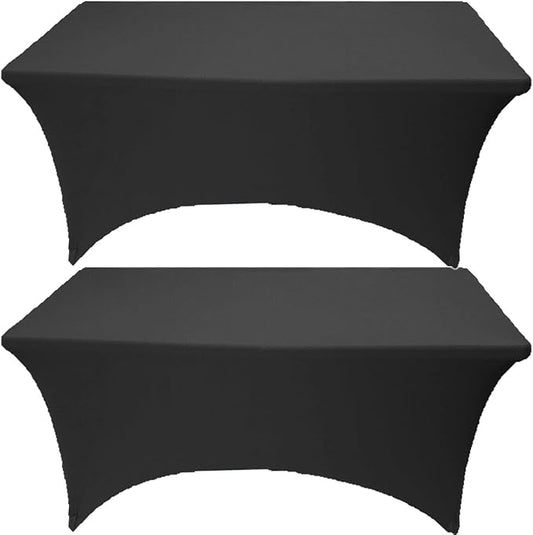 2 Pack 8FT Black Spandex Tablecloth Stretch Fitted Table Cover for Rectangular Table Event, Wedding, Banquet and Parties