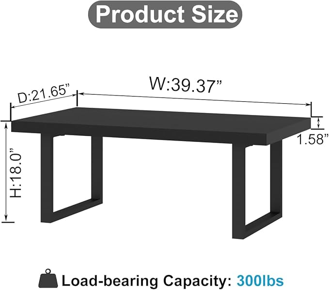 IBF Black Coffee Table, Minimalist Industrial Wooden Center Table, Modern Simple Rectangle Living Room Table, Farmhouse Wood and Metal Cocktail Coffee Table for Home Bedroom Office, Black Oak, 39 inch