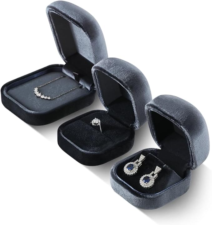 Resilient Velvet Ring Earrings Bracelet Necklace Display Box, Travel Mini Jewelry Organizer Case (Gray, Necklace Box)