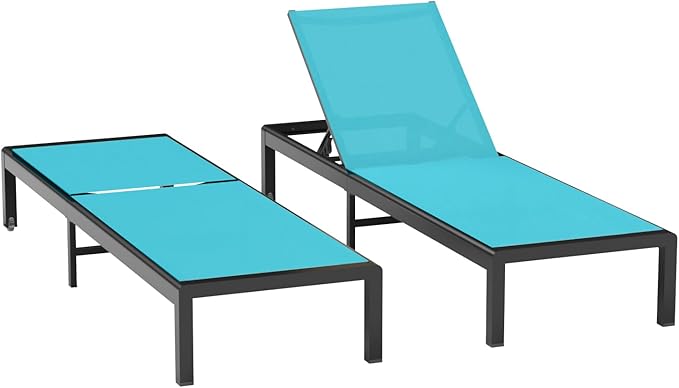Aluminum Lounge Chairs Outdoor Chaise Furniture,2 Sets Patio Metal Deck Lounger Adjustable 5-Position Poolside Chase Recliner with Wheels for Beach,Coffee Table, (Blue, 2 Chairs)