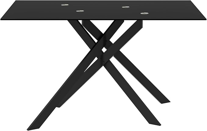 Rectangular Glass Dining Table, Tempered Glass Tabletop and Metal Legs, Modern Style Glass Kitchen Table for Home, Kitchen, Dining Room (Black, 52'')