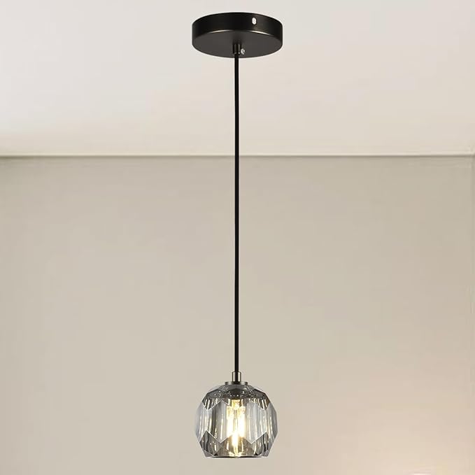 Crystal Pendant Light Fixture, Modern Black Pendant Light Kitchen Lighting, Small Crystal Pendant Island Hanging Light for Kitchen Dining Room