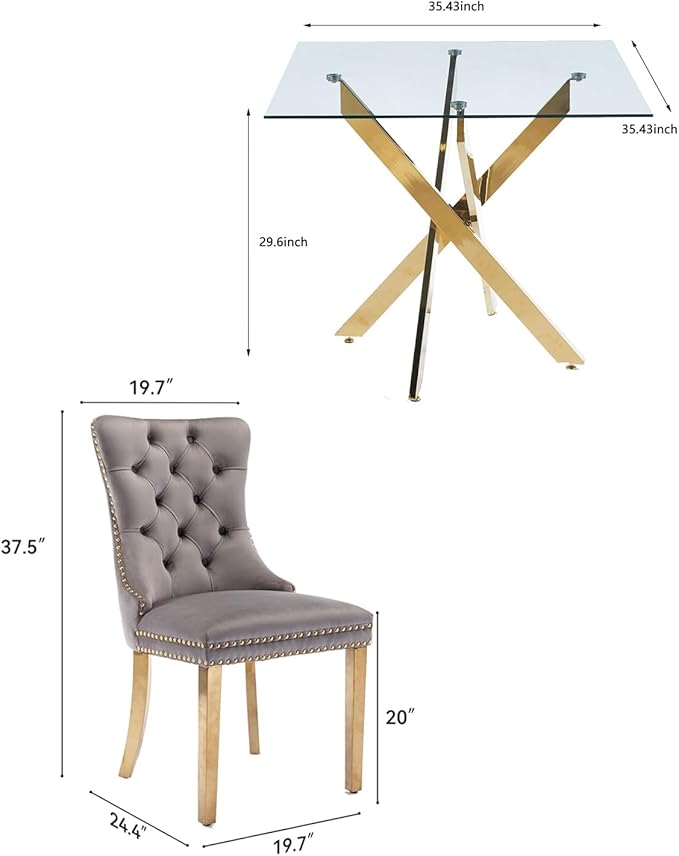 Goujxcy 5 Piece Glass Dining Table Set Modern Small Glass Dining Table Set for 4, 35.43" Square Kitchen Table and 4 Velvet Upholstered Chairs for Kitchen Dining Room, Gold & Grey