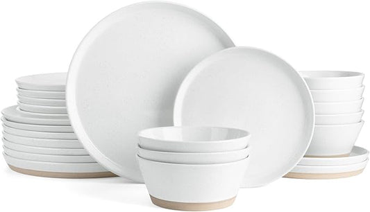 Famiware Saturn Speckled Dinnerware Sets for 8 (24 Pieces), Stoneware Plates and Bowls Dish Set - Chip and Scratch Resistant, Microwave and Dishwasher Safe, White