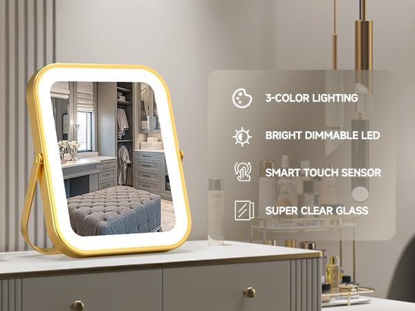 PRIMETEK Vanity Mirror with Lights, 10"x8" LED Lighted Makeup Mirror, Portable Makeup Mirror with Lights, Touch Screen, 3-Color Lighting, 5X Magnification, for Vanity Desk Tabletop, Bedroom,